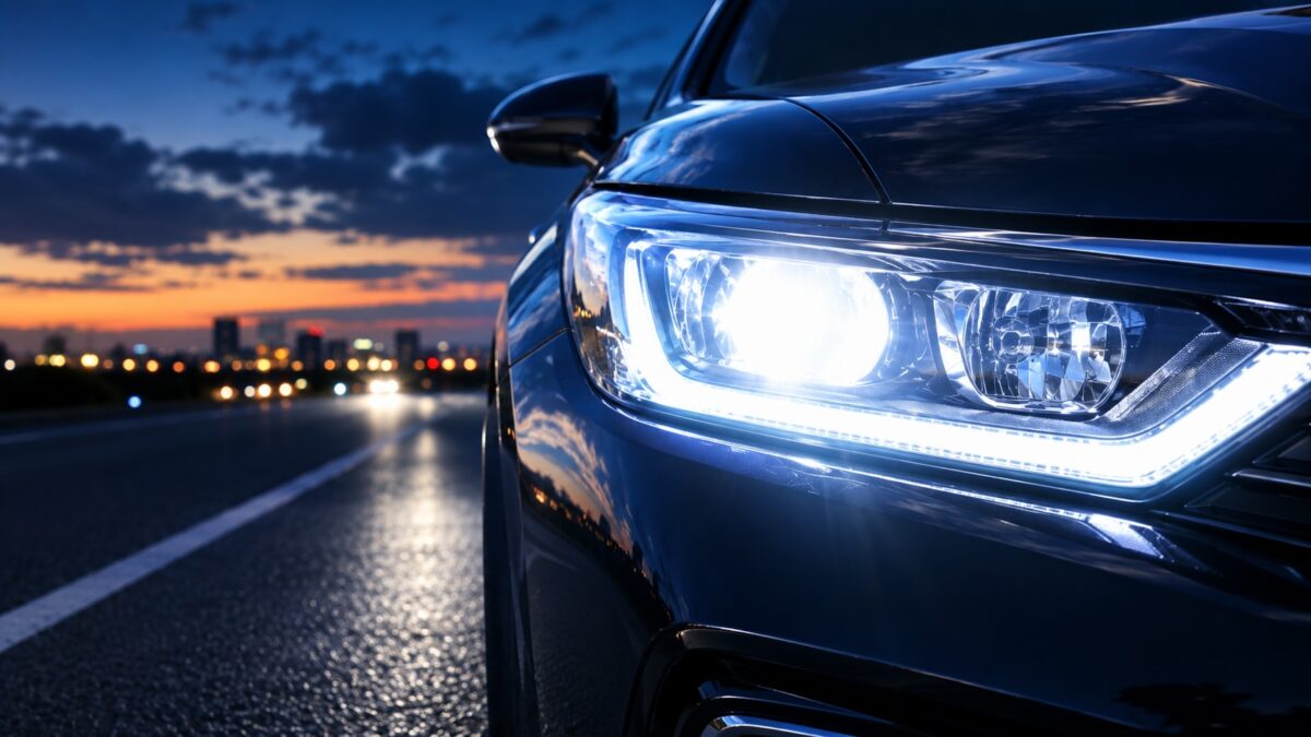 夜間に明るく点灯する車のLEDヘッドライト