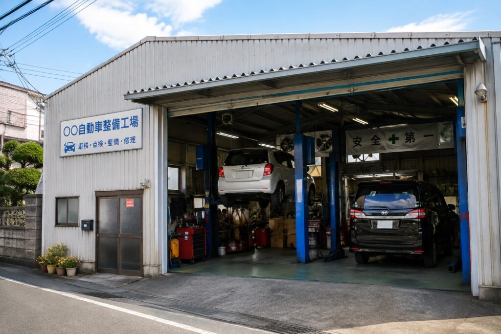 車をリフトアップして整備している町の自動車整備工場