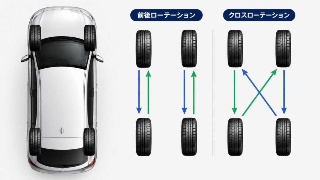 車のタイヤを前後またはクロスで入れ替えるローテーション方法のイメージ