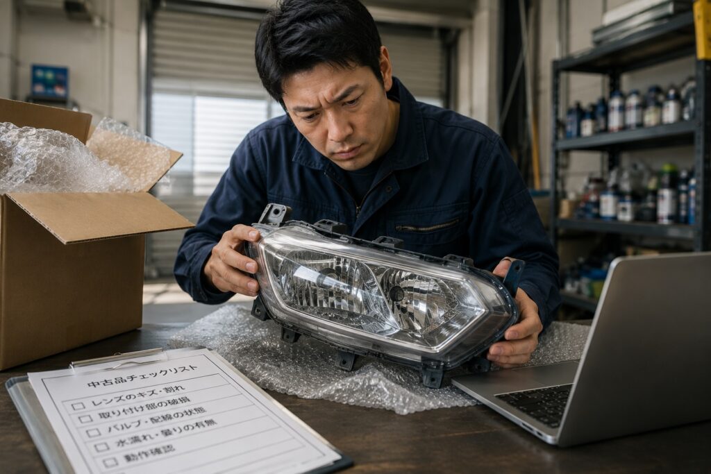 持ち込み予定の中古ヘッドライトの傷や破損を確認している様子