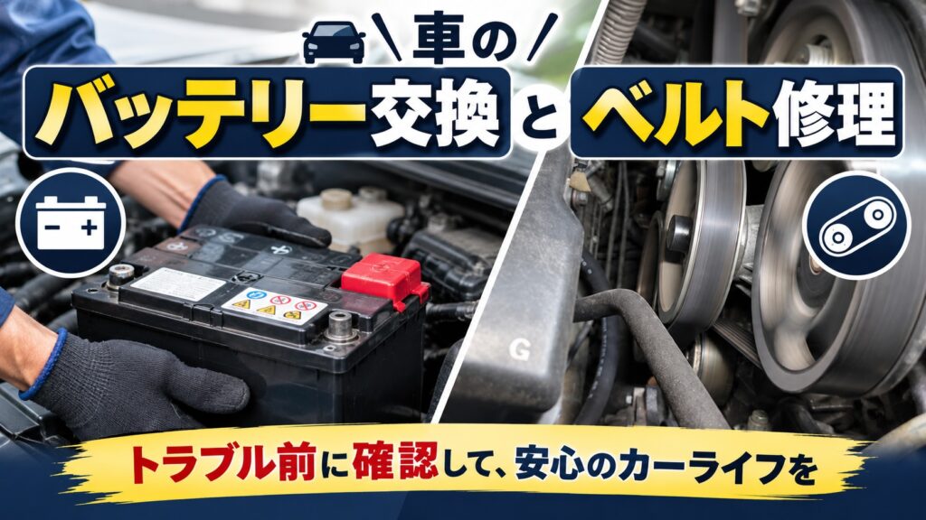 車のバッテリー交換とエンジンベルト修理について解説するアイキャッチ画像