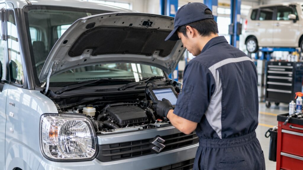 整備士が診断機を使って車の故障状態を確認している様子