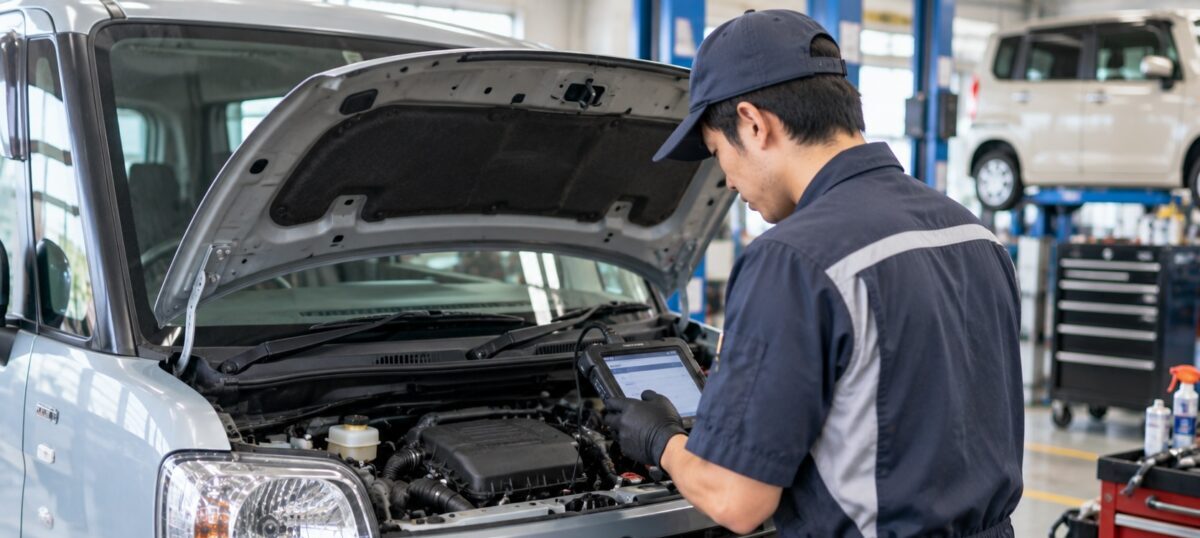整備士が診断機を使って車の故障状態を確認している様子