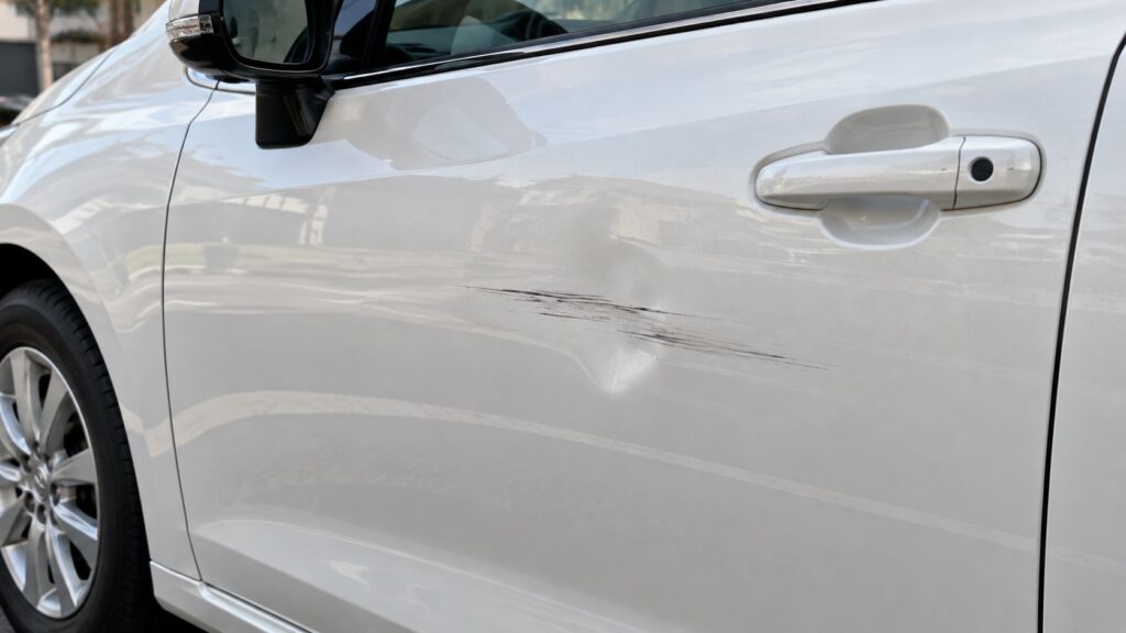 白い車のドアについた擦り傷とへこみ