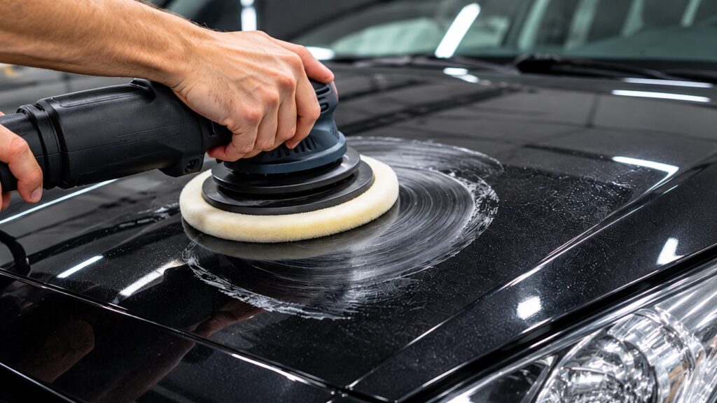 ポリッシャーにバフを取り付けて黒い車のボンネットを磨いている様子