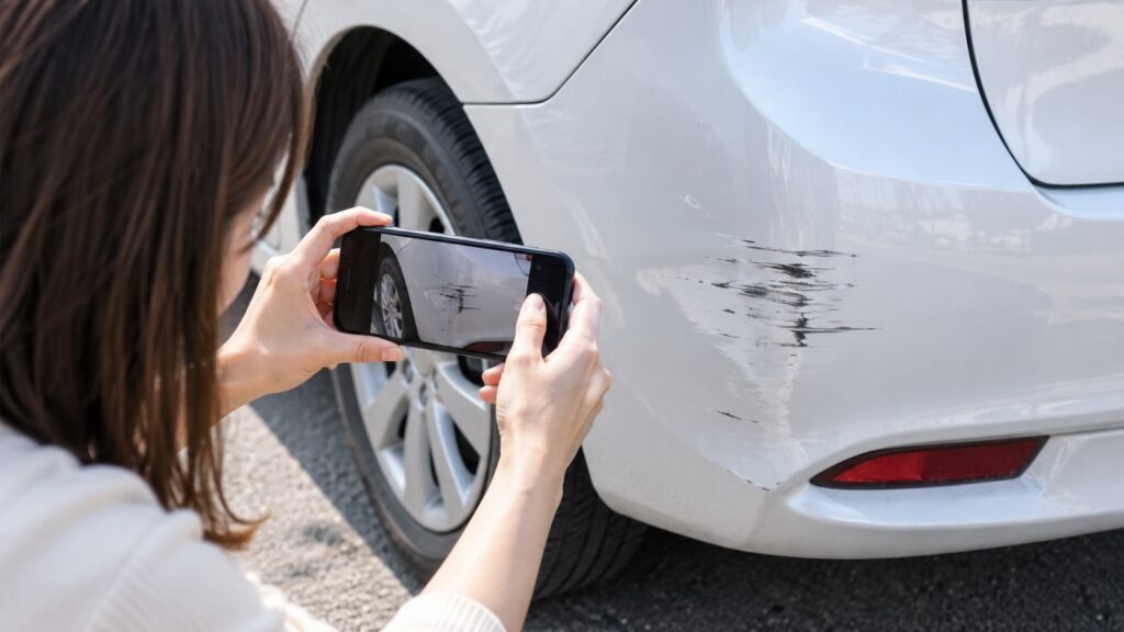 車のリアバンパーについた擦り傷をスマートフォンで撮影している様子
