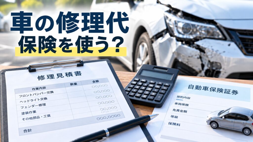 事故で損傷した車と修理見積書、自動車保険証券を並べて保険を使うか検討するイメージ