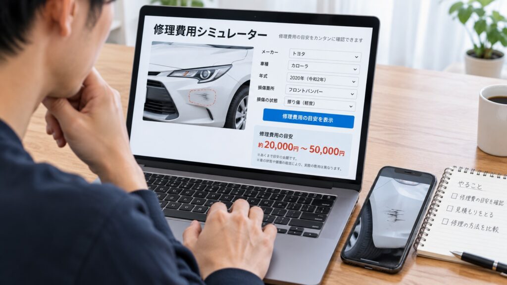 車の修理費用シミュレーターで修理代の目安を確認している様子