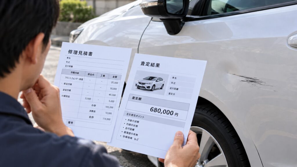 傷のある車を前に修理見積書と査定結果を比較している様子