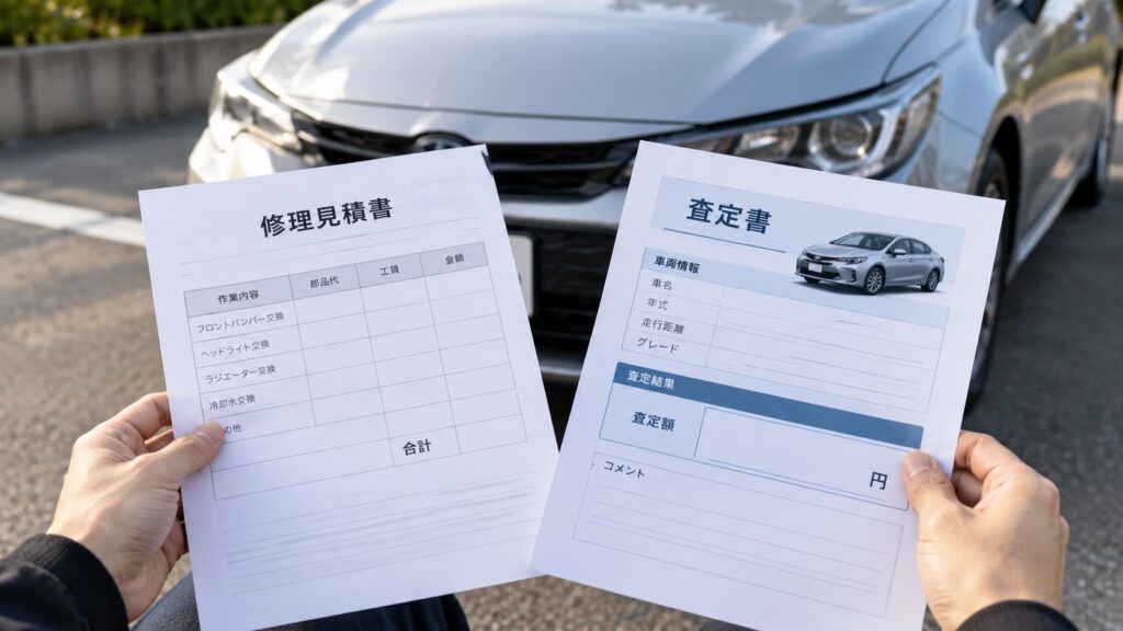 車の修理見積書と査定書を並べて比較している様子