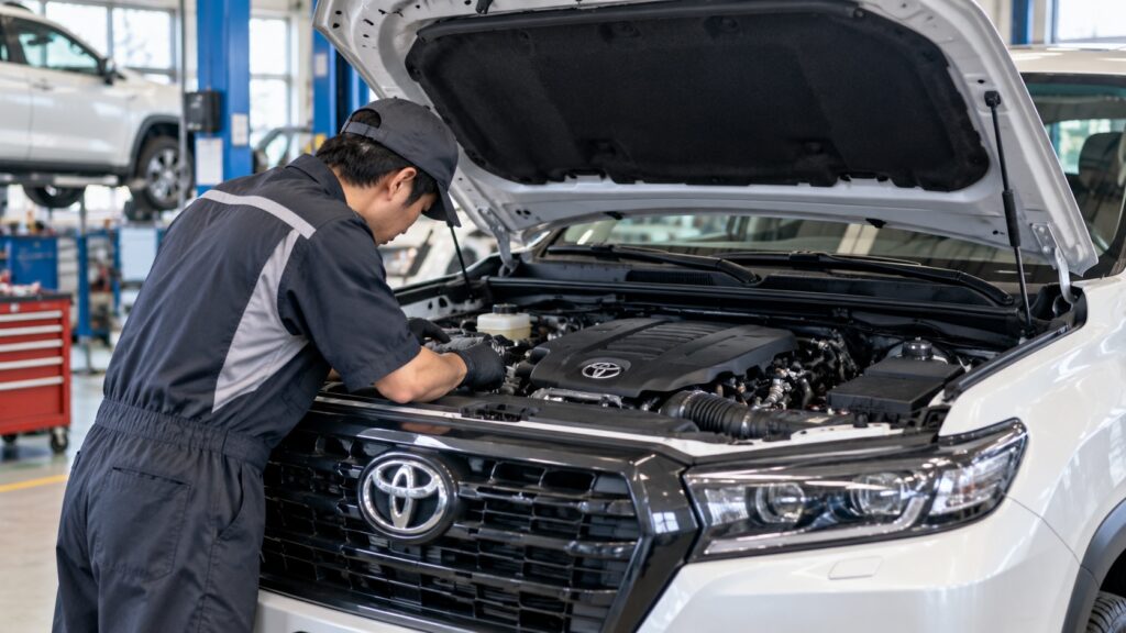 整備工場で整備士が車のエンジンルームを点検している様子