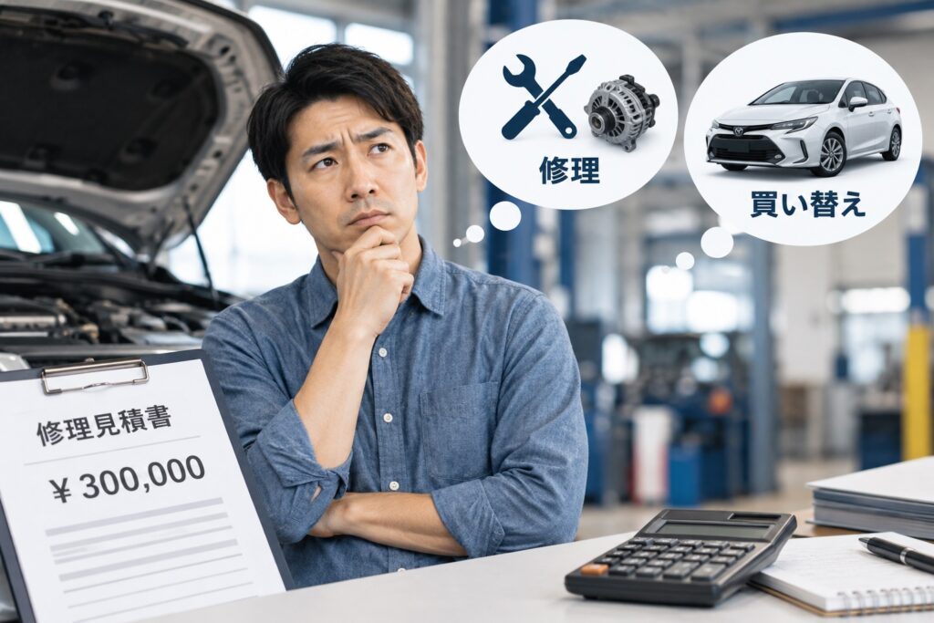 高額な修理見積もりを前に車を修理するか買い替えるか悩んでいる様子