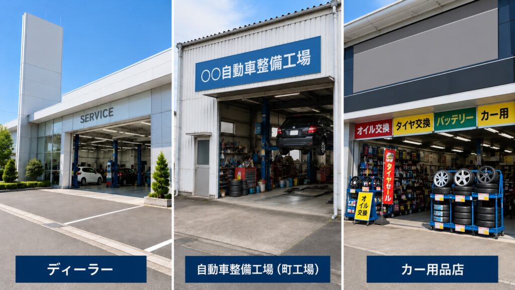 ディーラー・自動車整備工場・カー用品店の修理先を比較した画像