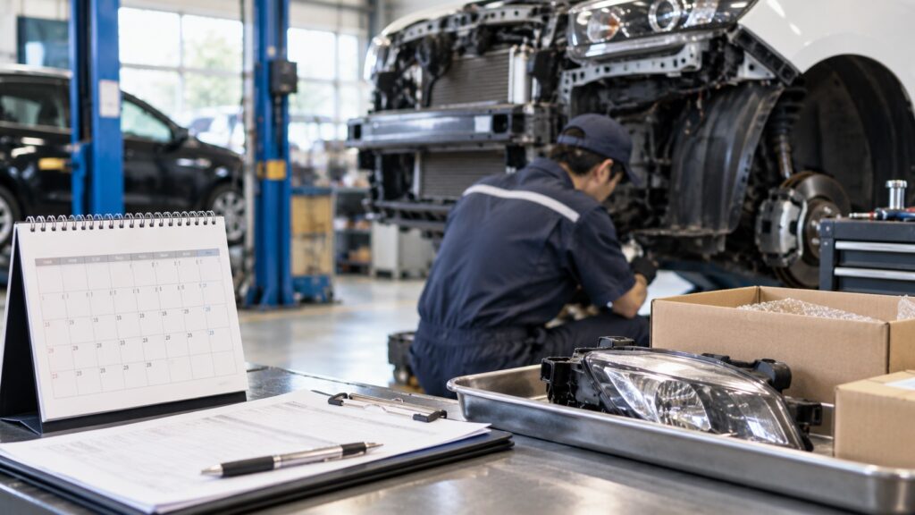 分解修理中の車と交換部品、カレンダーが置かれた整備工場