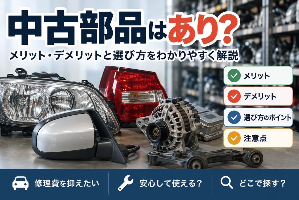 車修理に使う中古部品のメリットや注意点を紹介するイメージ