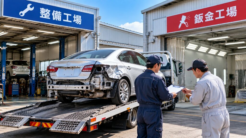 修理車を整備工場から鈑金工場へ引き継いでいる様子