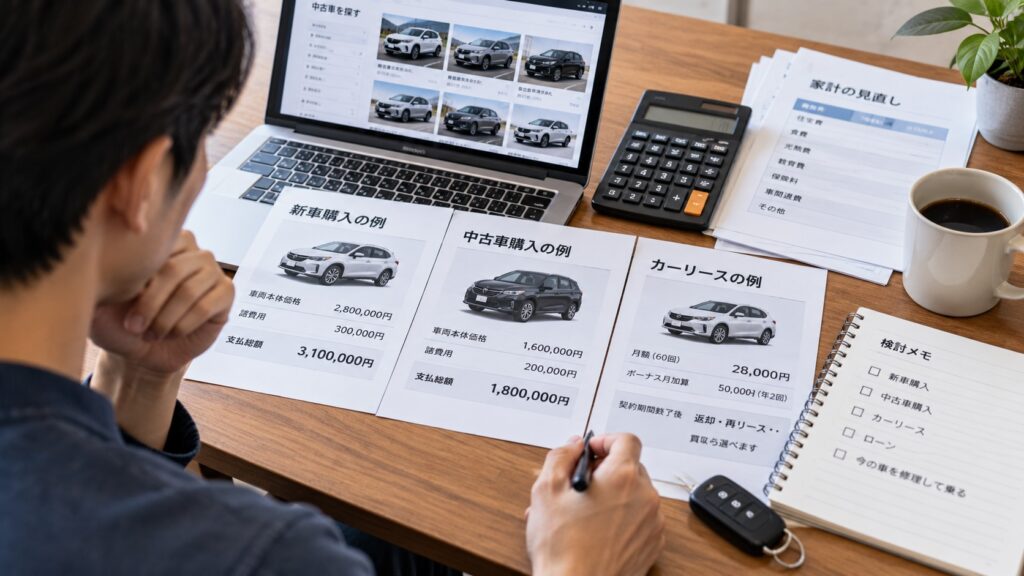 新車購入・中古車購入・カーリースの費用を比較している様子