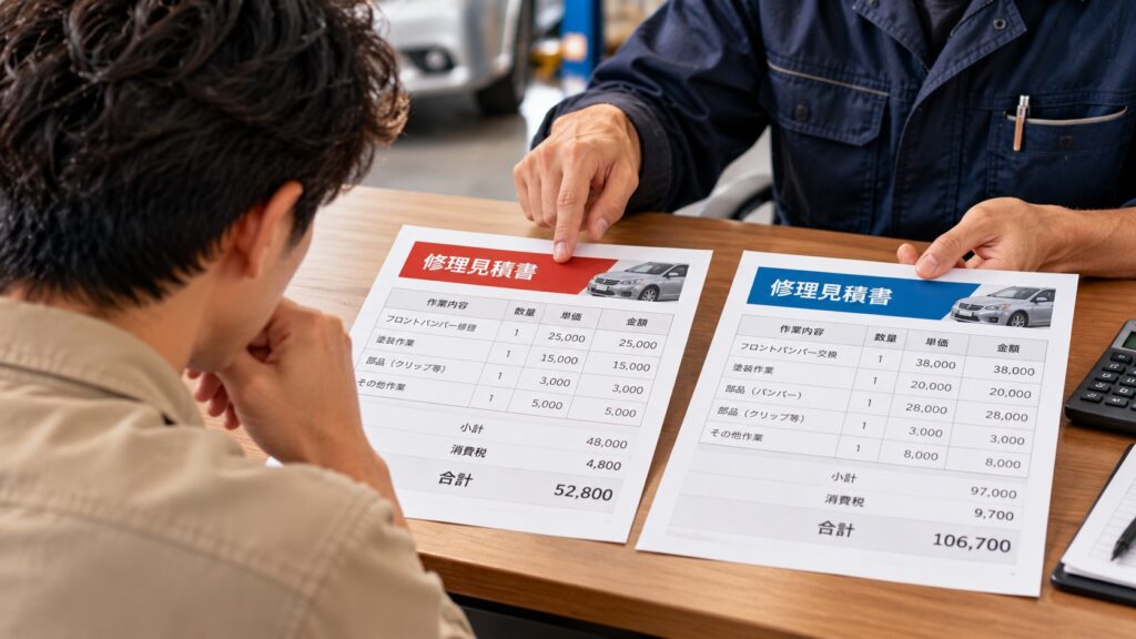 修理方法と金額が異なる2つの見積書を比較している様子