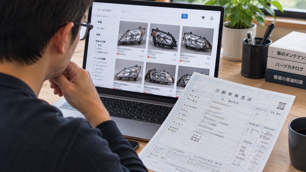 中古ヘッドライトの品番ラベルと車両情報を確認している様子