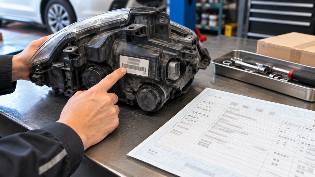中古ヘッドライトの品番ラベルと車両情報を確認している様子