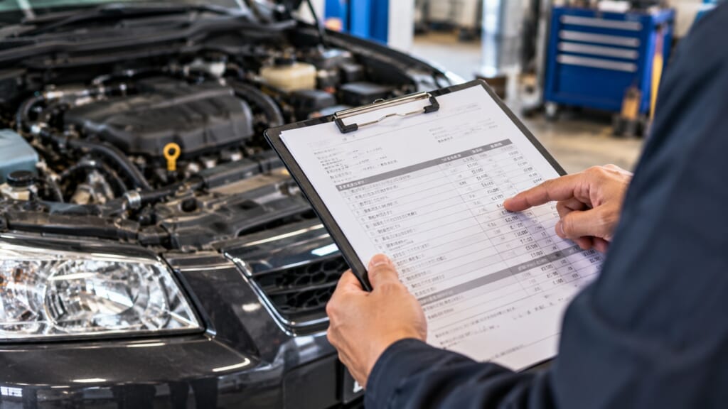 10万キロの車のエンジンルームを見ながら整備見積書を確認している様子