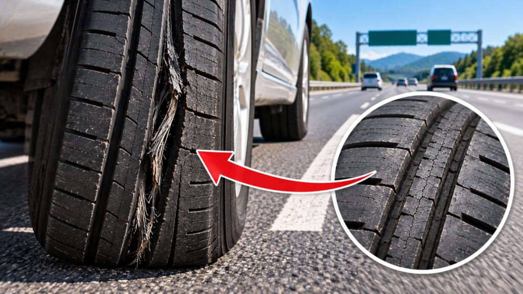 高速道路でタイヤのトレッド部分に亀裂が入り大きく裂けた危険な状態