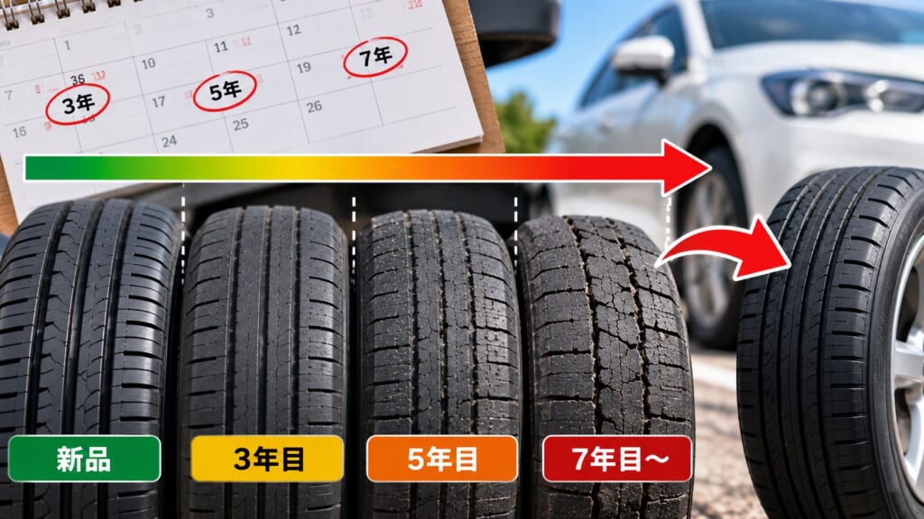 タイヤの使用年数とひび割れの進行を比較した交換時期のイメージ