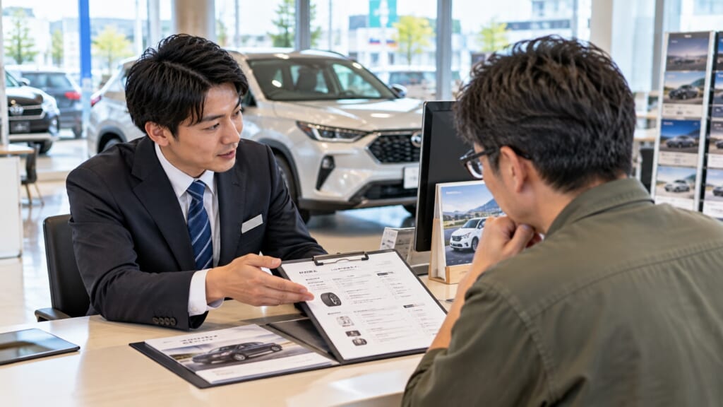 ディーラーでスタッフにタイヤ交換について相談している様子