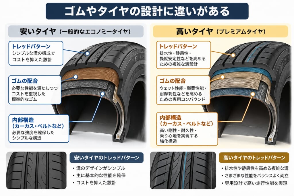 安いタイヤと高いタイヤのゴムやトレッドパターン、内部構造の違い