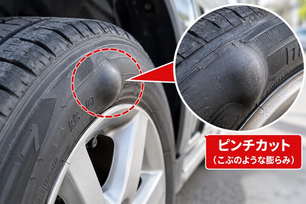 タイヤ側面にこぶのような膨らみが発生したピンチカットの画像