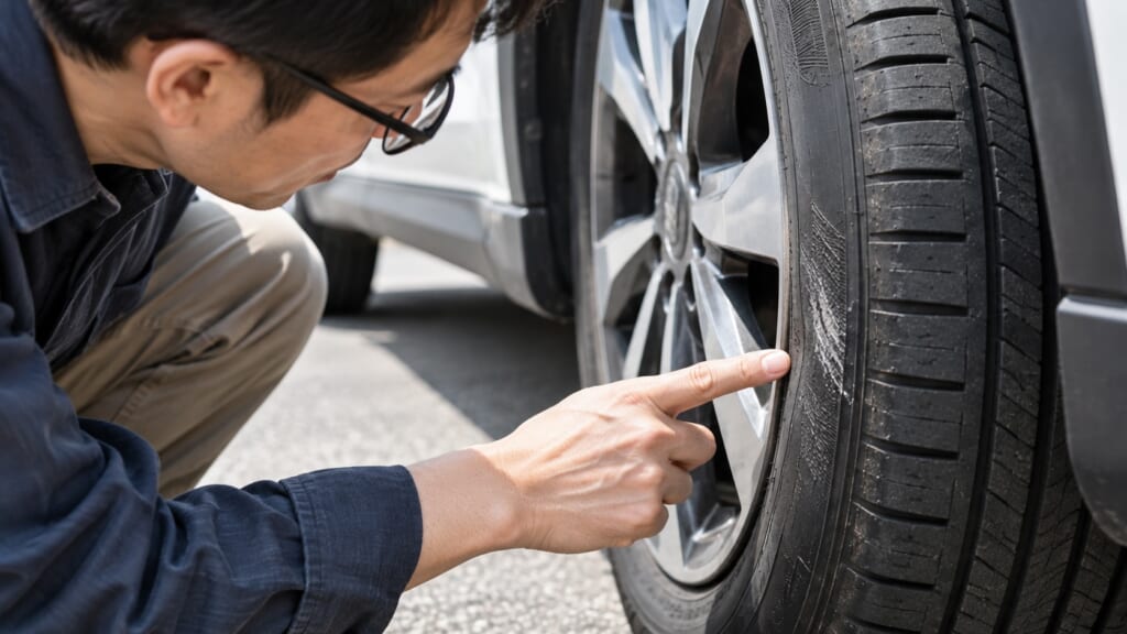車のタイヤ側面についた傷を指差しながら確認する男性