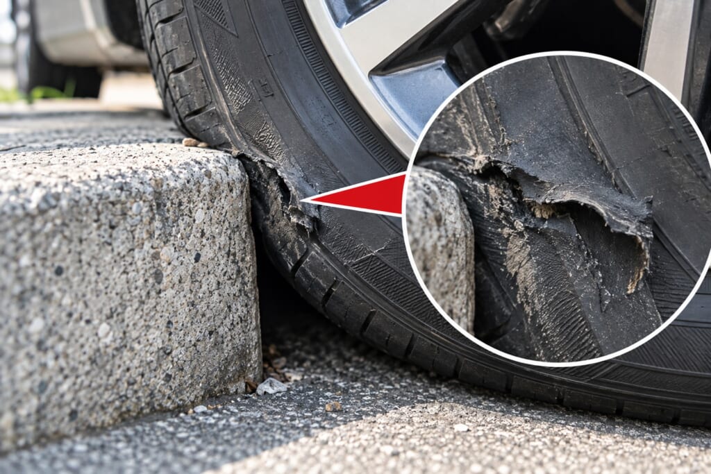縁石への接触によってタイヤ側面のゴムが深く裂けた状態を拡大した画像