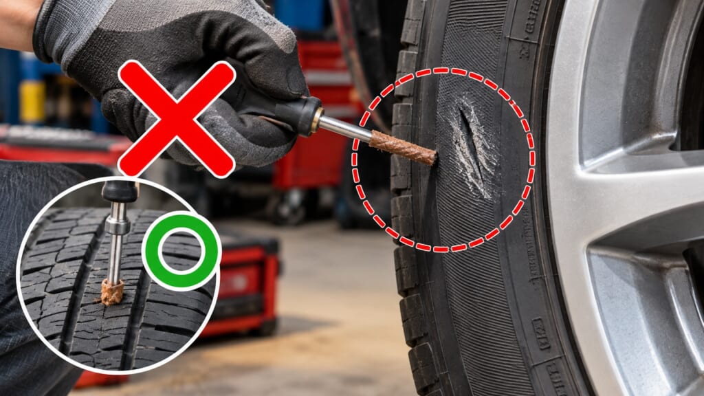 タイヤ側面のパンク修理はできず、トレッド部分は条件によって修理できることを示した比較画像