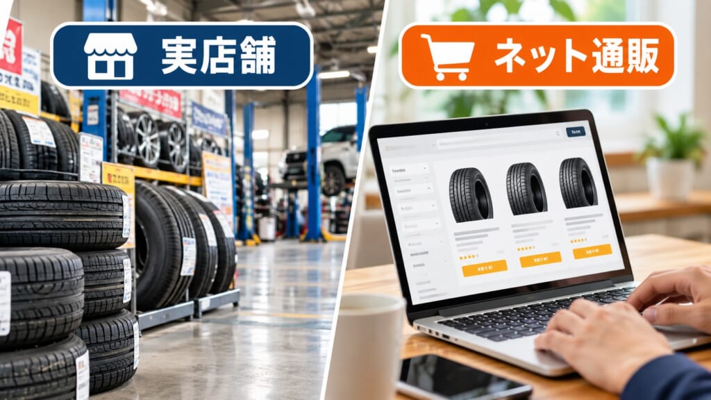 タイヤ購入の実店舗とネット通販の違いを比較したイメージ