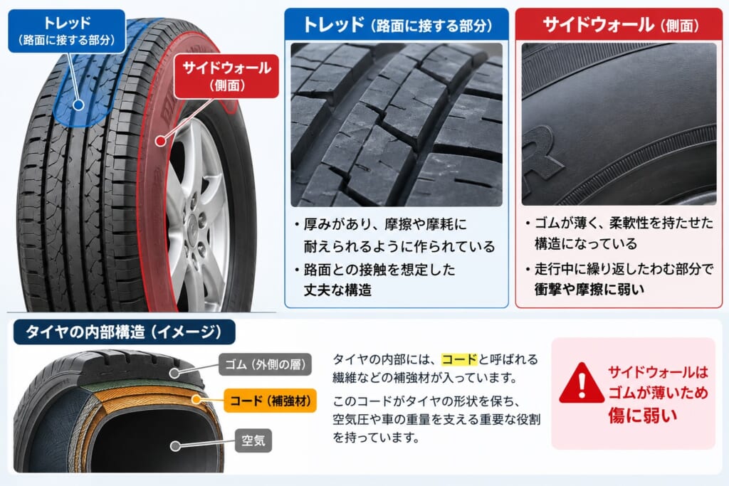 タイヤのトレッドとサイドウォールの位置や構造の違いを解説した図