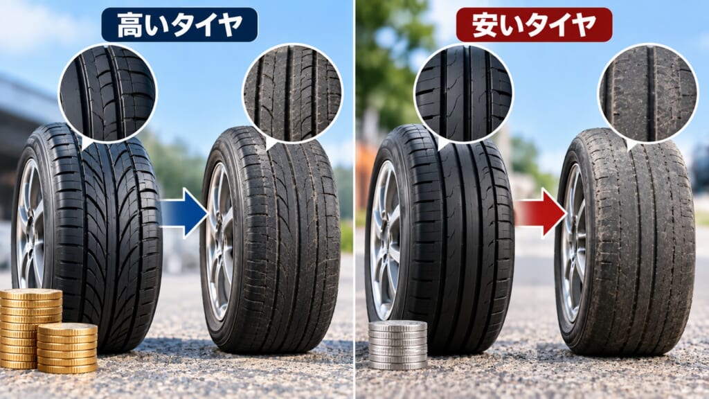 高いタイヤと安いタイヤの摩耗状態を比較したイメージ