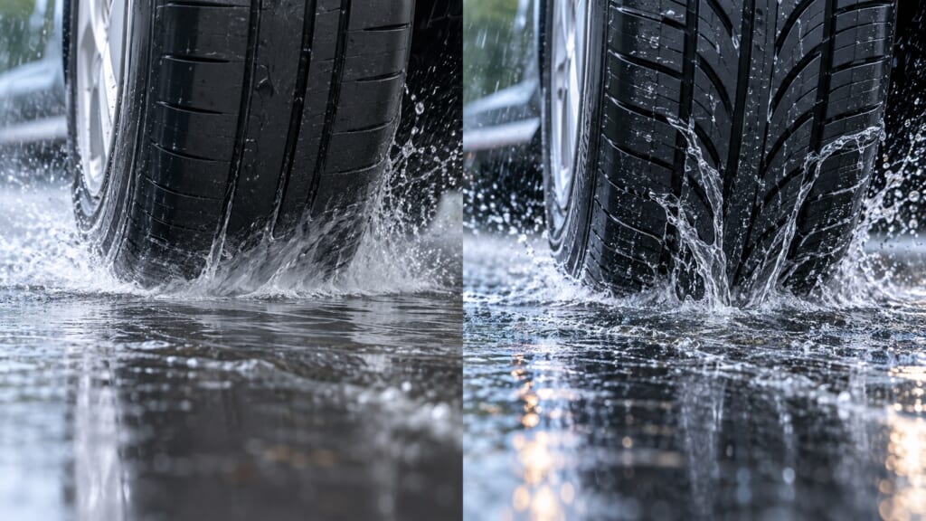 雨の日の路面でタイヤの排水性能の違いを比較したイメージ