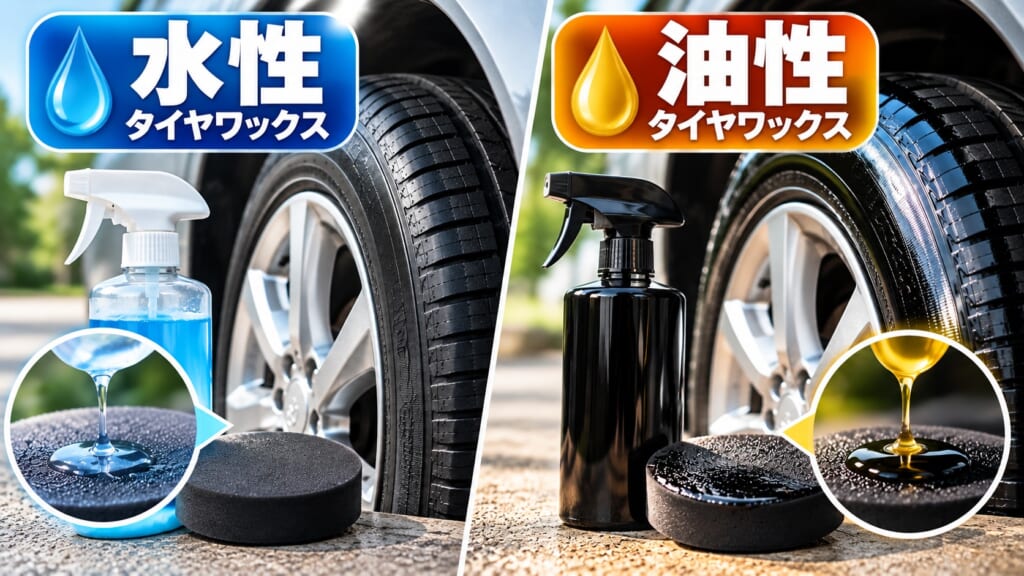 水性タイヤワックスと油性タイヤワックスの仕上がりを比較した画像